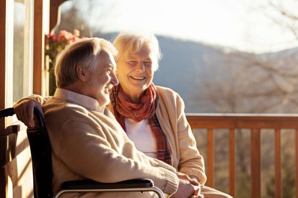 AdobeStock_640684389 Beispiel für die Wohnangebote von Lebenshof Siegel: Älteres Ehepaar sitzt auf einem Balkon mit weiter Aussicht